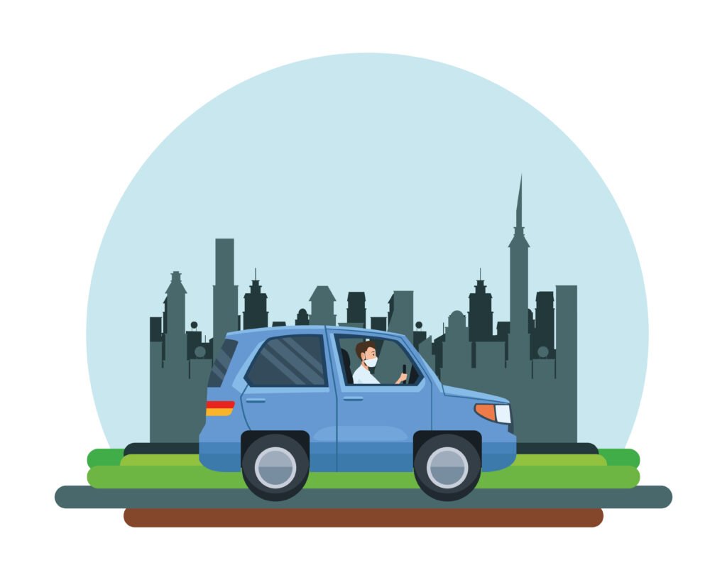 man driving cart using face mask character